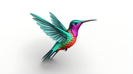 Obraz premium A small, colorful hummingbird is flying in mid-air. It has its long, thin beak extended as it hovers in place.