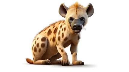 A cute cartoon hyena is sitting on a white background. The hyena has a friendly expression on its face and is looking at the viewer.