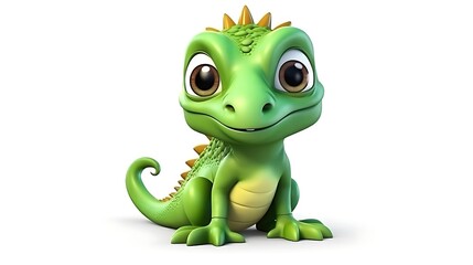 Obraz premium Cute green lizard smiling while sitting down with its tail curled around. The lizard has big eyes and a friendly expression.