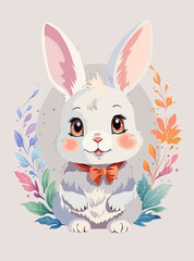 Cute rabbit with flowers on the purple background