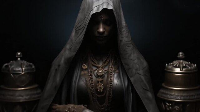 Animation of a gothic malignant dark goddess with a black veil, obscured face, and golden pendants with chains around the neck. Sinister and diabolical religion or sect