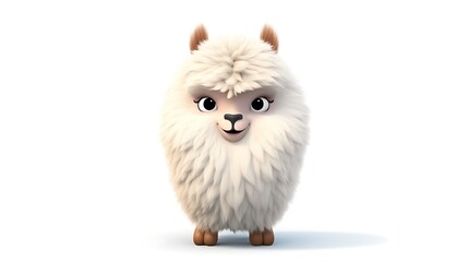 Obraz premium Cute and fluffy llama standing on a white background. The llama has a happy expression on its face and is looking at the viewer.