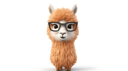 Obraz premium A cute and fluffy llama wearing glasses. The llama is standing on a white background and looking at the camera.