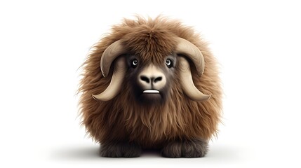Fototapeta premium A cute and cuddly yak with big brown eyes and a shaggy coat is sitting on a white background.