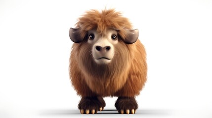 Obraz premium This is a 3D rendering of a baby yak. It is standing on a white background and looking at the camera with a curious expression on its face.