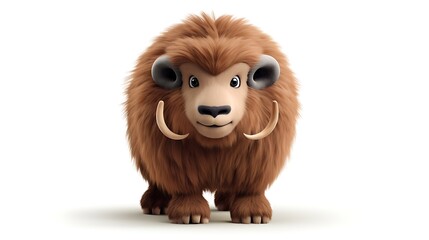 3D rendering of a cute and fluffy yak. The yak is standing on a white background and looking at the camera with a friendly expression.