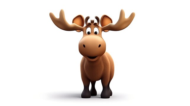 A cute 3D rendering of a baby moose standing on a white background.