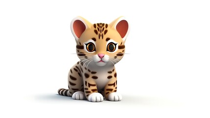 Cute cartoon baby ocelot sitting down, looking at the camera with big eyes. It has a light brown fur with dark brown spots and a white belly.