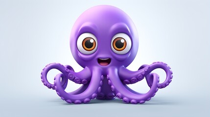 A cute purple octopus with big eyes is smiling. It has its tentacles curled up in the air and looks like it is excited or happy.