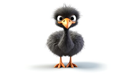 A cute and fluffy baby emu chick stands on a white background. The emu chick has big, round eyes and a long, pointed beak.