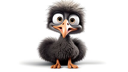 A cute and fluffy baby emu chick with big eyes and a curious expression on its face. It is standing on a white background and looking at the camera.