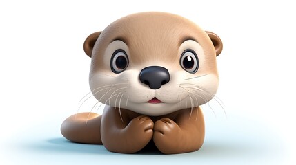 Fototapeta premium This is an adorable 3D rendering of an otter. The otter is sitting on a white background and looking at the camera with its big, round eyes.