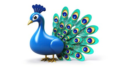 A 3D rendering of a cartoon peacock. The peacock is blue and green, with a long tail. It is standing on a white background.
