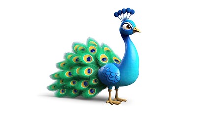 A cartoon peacock with bright blue and green feathers. It has a proud expression on its face and is looking to the side.