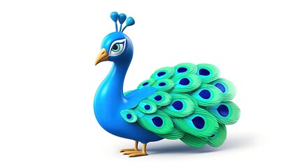 A cartoon peacock with bright blue and green feathers. It has a proud expression on its face and is looking to the left of the frame.