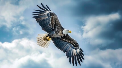Naklejka premium Photograph of a majestic eagle soaring through the sky, its wings outstretched.