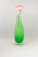 Pink Flowers in a Green Handmade Artisanal Glass Vase Decoration Living Room 