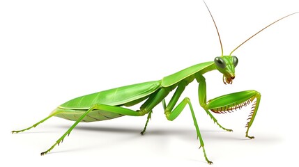 A green praying mantis is isolated on a white background. The insect is standing on its six legs and has its wings folded closed.