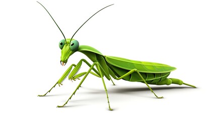 A green praying mantis is isolated on a white background. The insect is standing on its six legs and has its wings folded closed.
