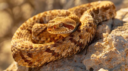 Fototapeta premium Photograph of a rattlesnake coiled up on a sun-baked rock, its diamond-patterned skin gleaming in the harsh sunlight.