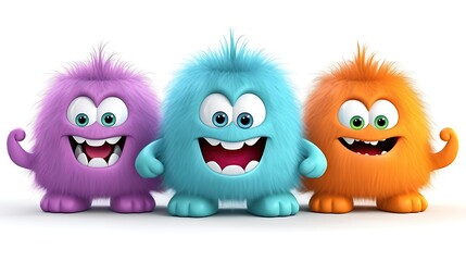 Obraz premium Three cute and colorful monsters are standing in a row. They have big smiles on their faces and are looking at the camera.