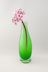 Pink Flowers in a Green Handmade Artisanal Glass Vase Decoration Living Room 