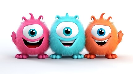 Fototapeta premium Three cute and colorful monsters standing in a row on a white background. They are all smiling and have one eye.