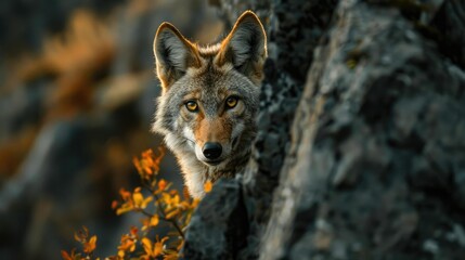 Obraz premium Photograph of a sly coyote peeking out from behind a rocky outcrop, its eyes gleaming with mischief.