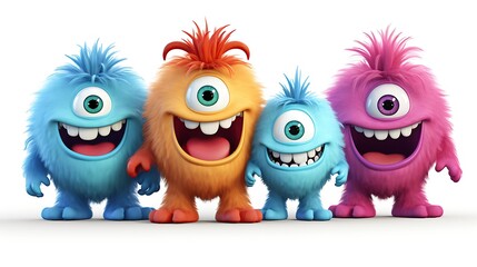 Fototapeta premium The image shows a group of four colorful and friendly monsters. They have one eye and a big smile on their faces.