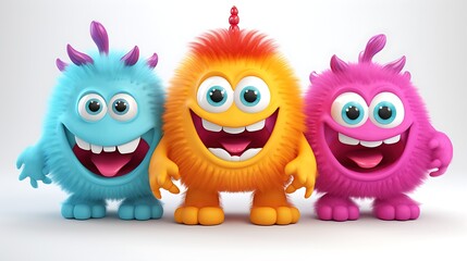 Fototapeta premium Three cute and colorful monsters are standing in a row. They have big eyes, toothy smiles, and furry bodies.