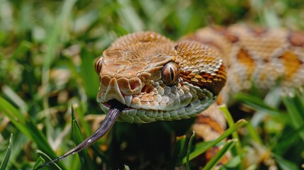 Photograph of a snake slithering through the grass, its tongue flicking out to taste the air.
