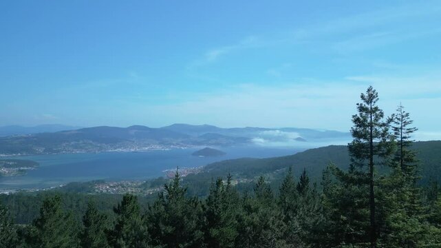 Aerial drone shot behind Redwood Trees revealing Ria de Pontevedra And Tambo Island In Pontevedra.