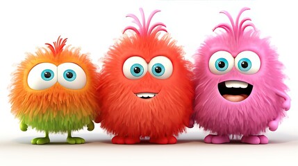 Fototapeta premium Three cute and colorful monsters standing in a row on a white background. They have big eyes, furry bodies, and happy expressions.