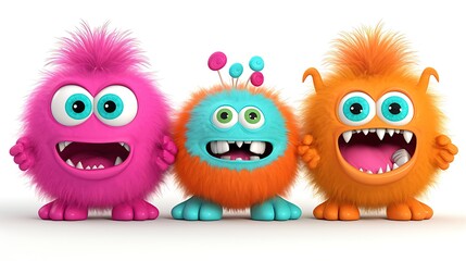 Three cute and colorful monsters standing in a row. They have big eyes, sharp teeth, and fluffy fur. The monsters are pink, blue, and orange.