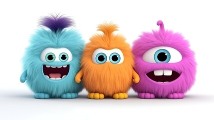 Three cute and colorful monsters standing in a row on a white background. The blue monster has one horn and is smiling with its mouth open.