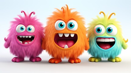 Three cute and colorful monsters are standing in a row. They have big eyes, toothy smiles, and furry bodies. The monsters are pink, orange, and blue.