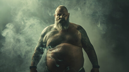 full body extreme fat man, looking into camera