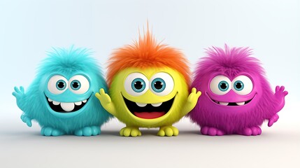 Three cute and colorful furry monsters are standing in a row, looking at the camera and smiling.