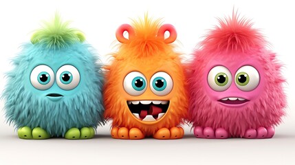 Three cute and colorful monsters are standing in a row. They have big eyes, fluffy fur, and bright colors.