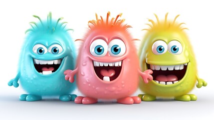 Obraz premium Three cute and colorful monsters are standing in a row. They have big eyes, toothy smiles, and fuzzy hair.