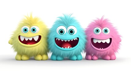 Three cute and colorful monsters are standing in a row. They have big eyes, sharp teeth, and fluffy fur. The monsters are yellow, blue, and pink.