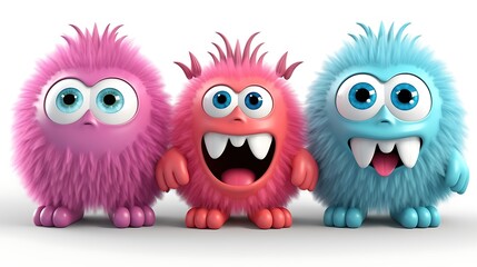 Fototapeta premium Three cute and colorful monsters are standing in a row. They have big eyes, sharp teeth, and fluffy fur. The monsters are pink, blue, and purple.