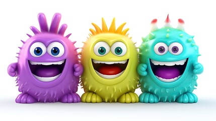 Three cute and colorful monsters are standing in a row. They have big smiles on their faces and look very friendly.