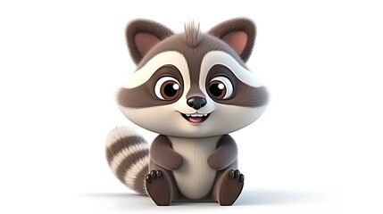 Cute and cuddly raccoon sitting up and looking at the camera with a happy expression on its face. It has big, round eyes and a bushy tail.