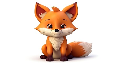 Obraz premium Cute cartoon fox sitting down and looking at the camera with a happy expression on its face. The fox has orange fur, a white belly, and a bushy tail.