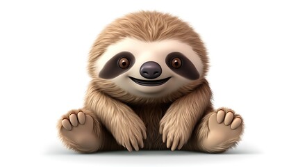 Fototapeta premium A cute and cuddly sloth sits on a white background. The sloth has big, brown eyes and a friendly smile.