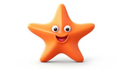 3D rendering of a cute and friendly starfish character. The starfish has a cheerful expression on its face and is looking at the viewer.