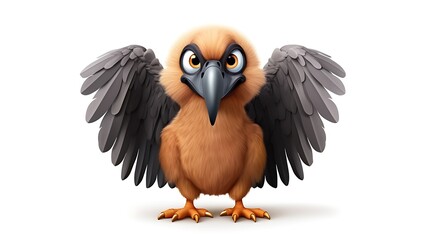 Obraz premium A cartoon vulture with its wings spread out. The vulture has brown feathers, a yellow beak, and a stern expression on its face.