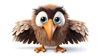 A cute and fluffy cartoon owl with big eyes and a friendly expression. The owl is standing on a white background and has its wings spread out.