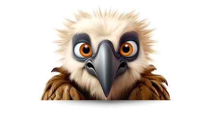 Fototapeta premium A close-up of a cartoon vulture with big eyes and a long beak. The vulture is looking at the camera with a curious expression.